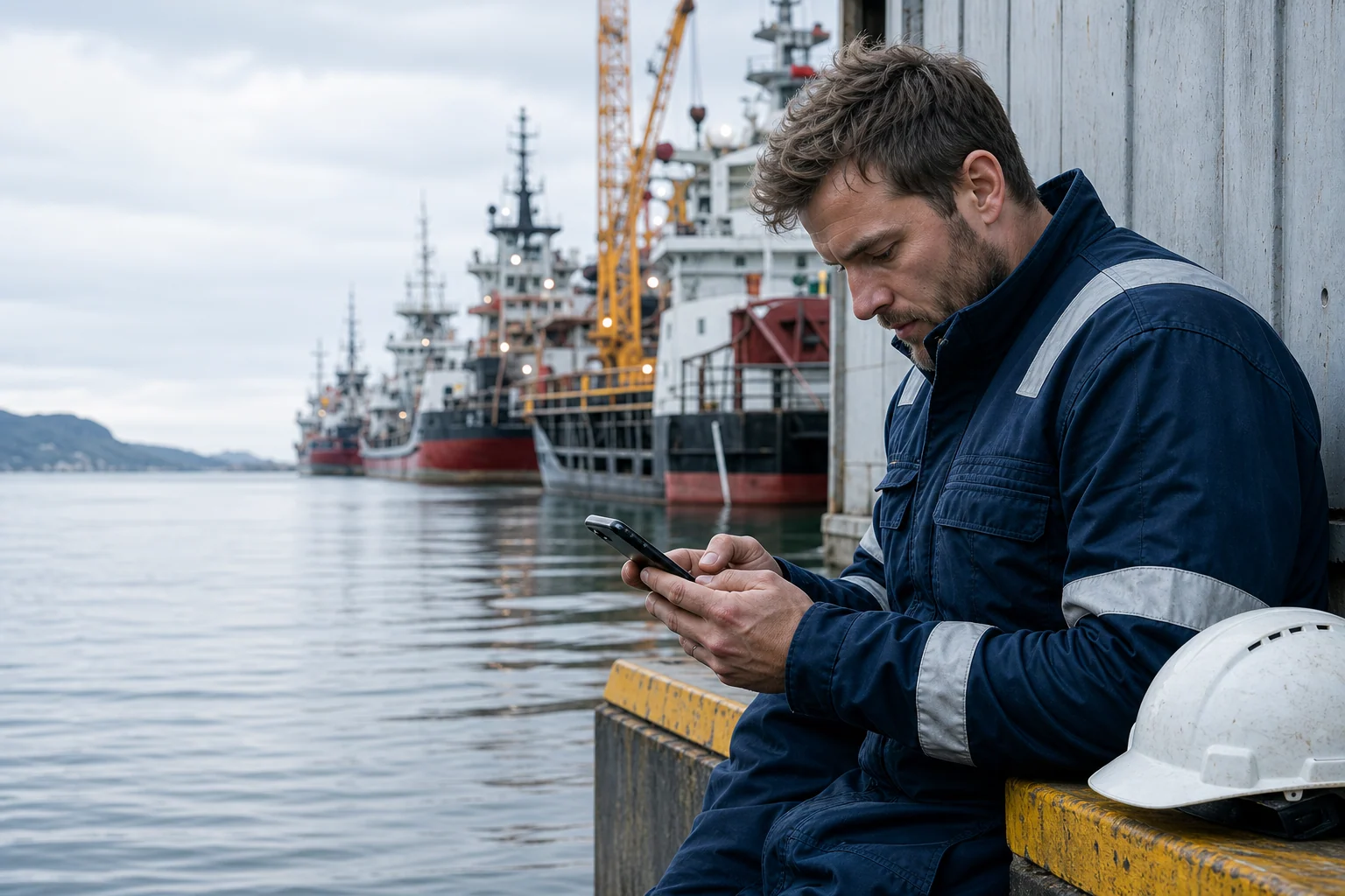 Maritim fagarbeider bruker telefonen ved kaien mellom arbeidsoppdrag