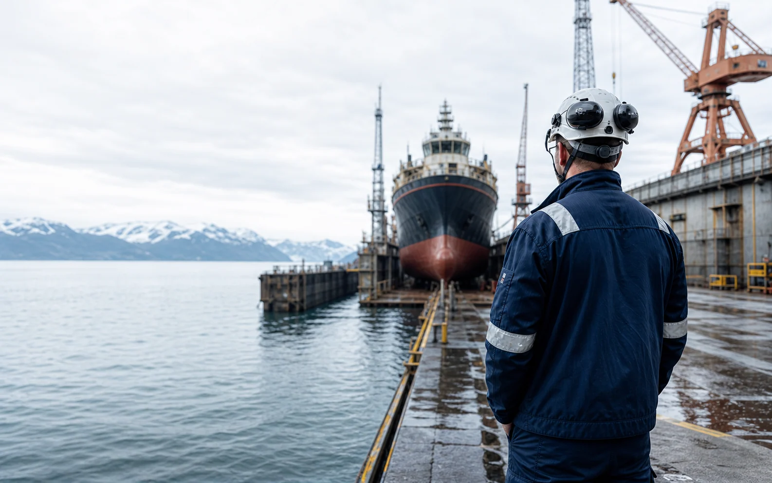 Fagarbeider ser mot et skip i dokk ved et norsk verft
