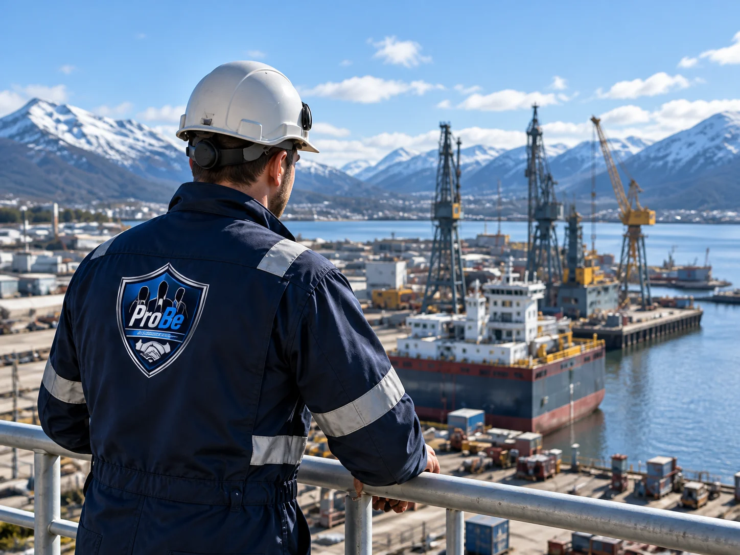 Fagarbeider ser mot et skip i dokk ved et norsk verft