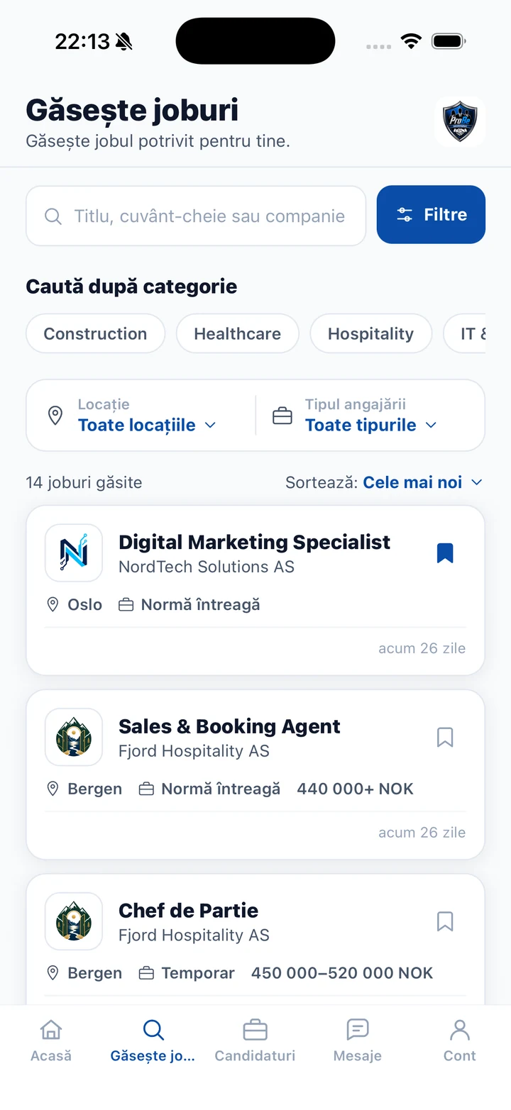 Skjermbilde fra ProBemanning-appen med ledige stillinger